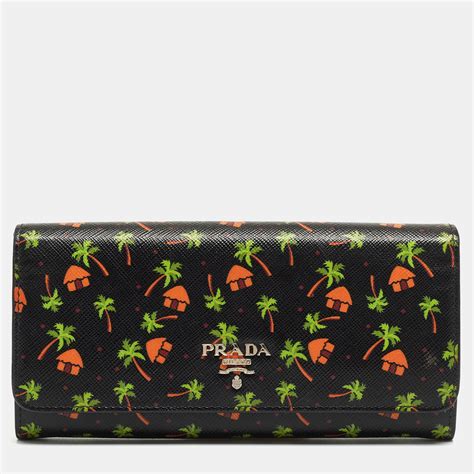 Prada Black Leather Palm Tree Print Flap Continental Wallet